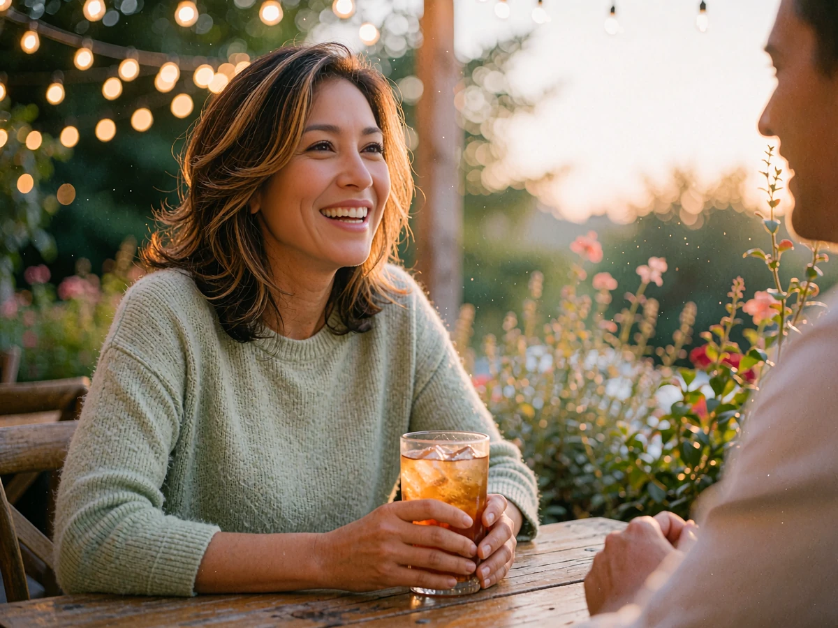 Latina woman in a sage knit top laughing over iced tea on a string-lit restaurant patio, a relaxed first date setting for local singles