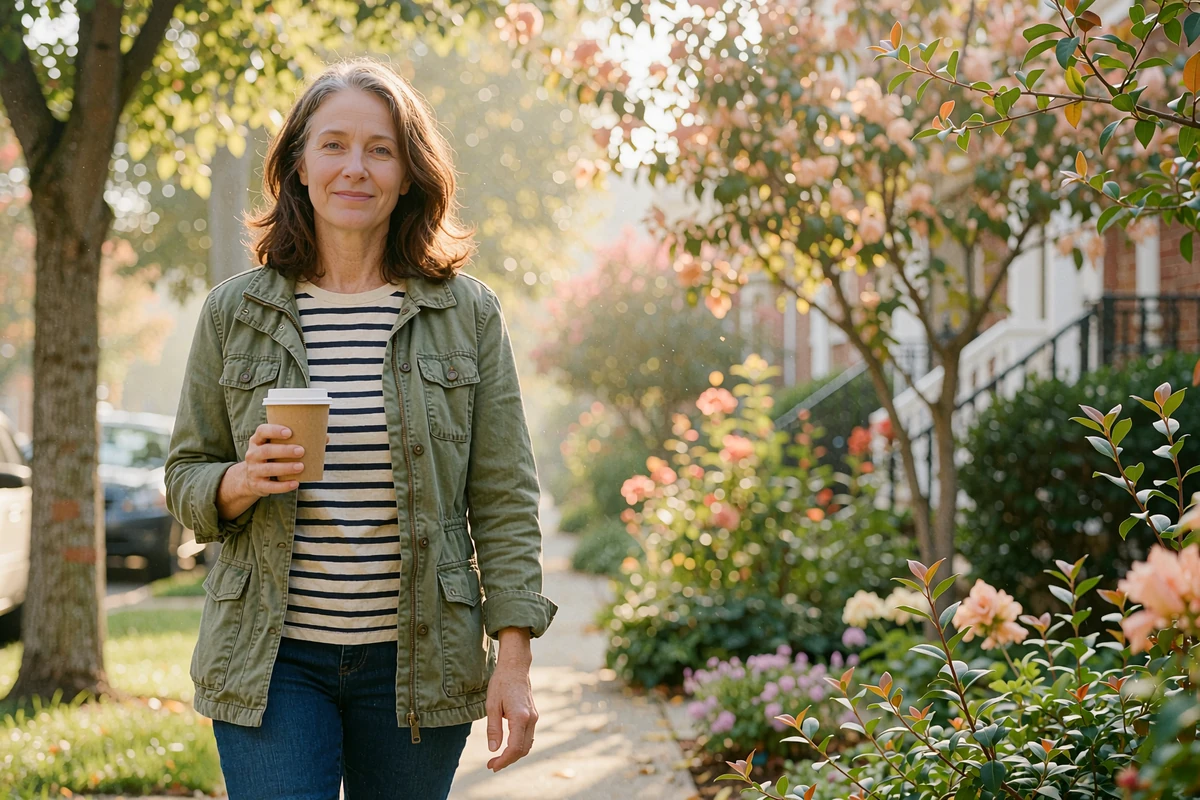 Woman in her forties with silver strands in her hair walking a leafy sidewalk with a coffee, confident dating over 40
