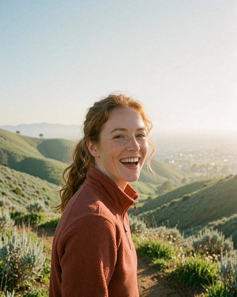 Laughing woman with an auburn ponytail in a rust fleece at a hiking overlook, sample profile for outdoorsy singles