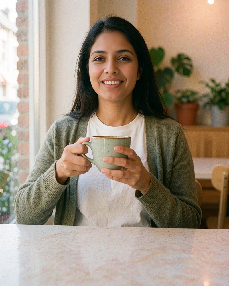 Smiling woman in an olive cardigan holding a coffee mug at a café window, sample dating profile card