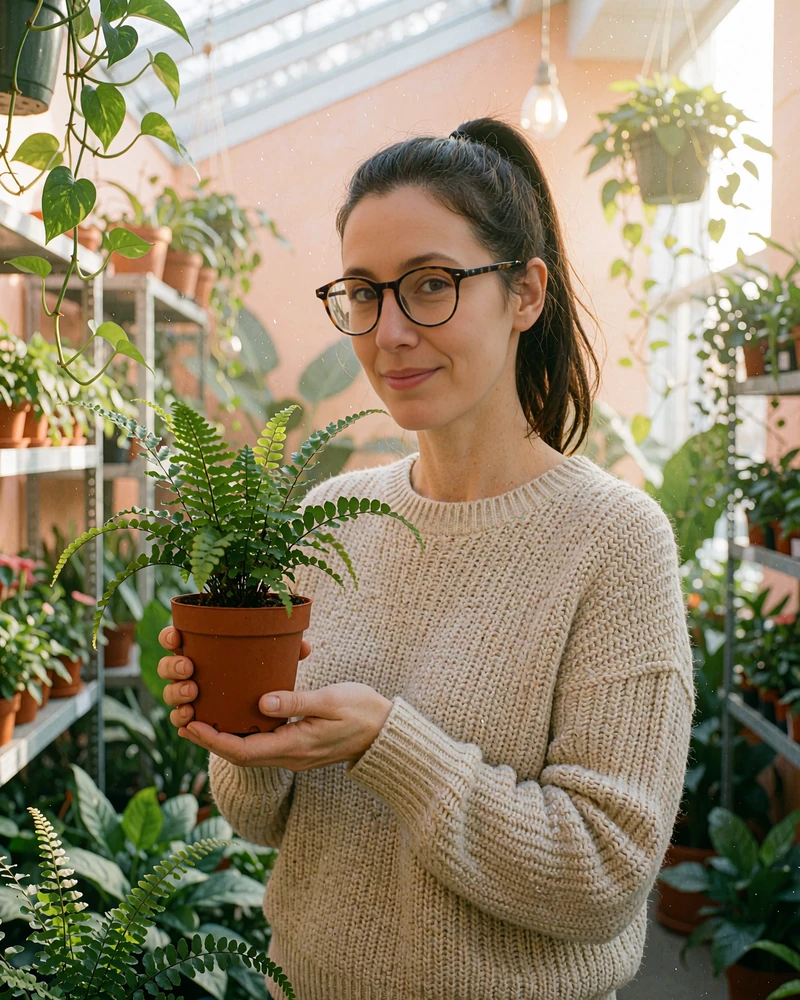 Woman in round tortoiseshell glasses cradling a small fern in a neighborhood plant shop, sample profile to meet women near me