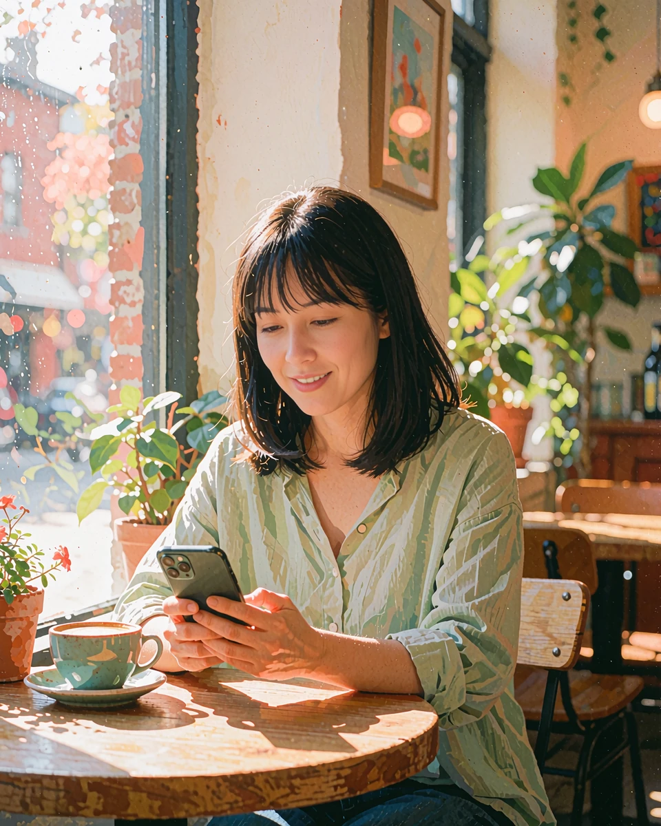 Woman in a rust sweater smiling at her phone at a café window table, reading messages on a popular dating app