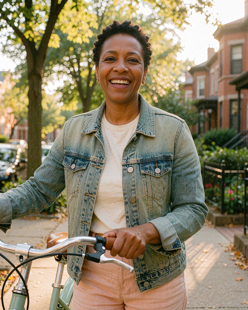 Laughing woman in a denim jacket beside a sage-green city bike on a tree-lined street, sample card for single women near me