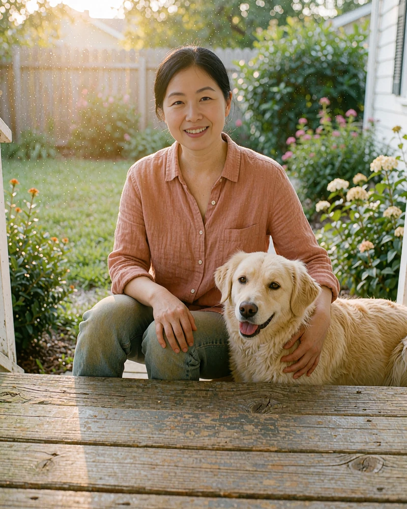 Woman in a terracotta linen shirt hugging a golden dog on porch steps, sample profile for dog-loving daters