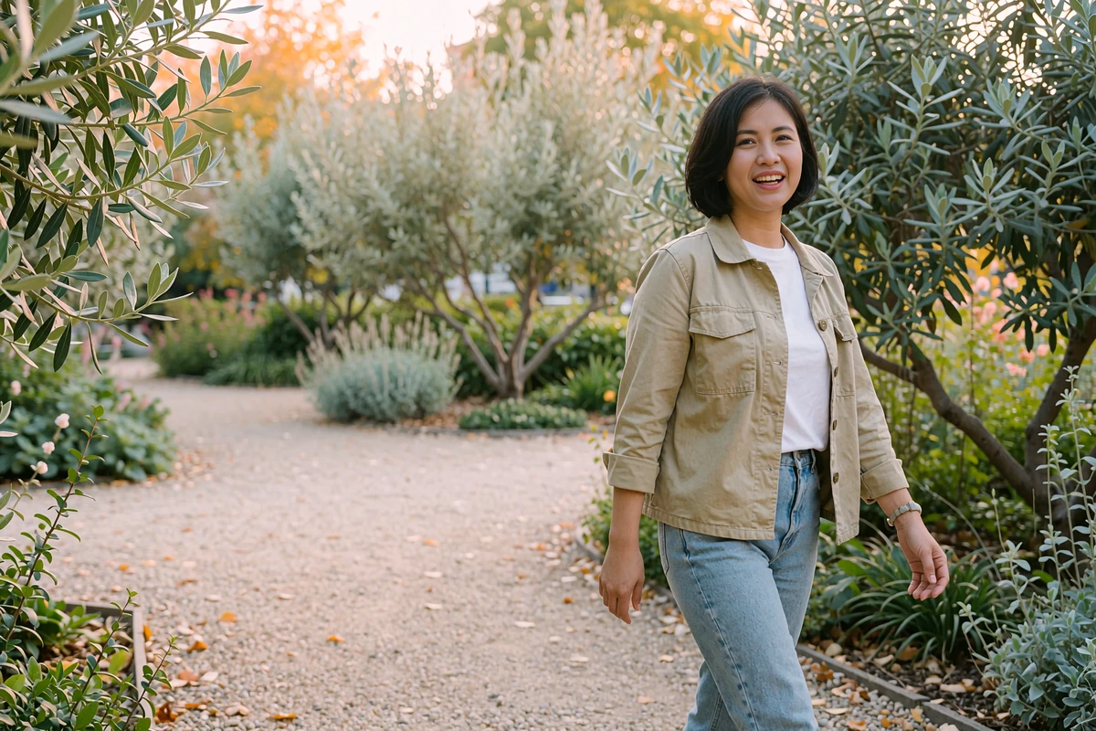Smiling woman in a khaki jacket walking a gravel path in a leafy city park, an easy walking first date idea