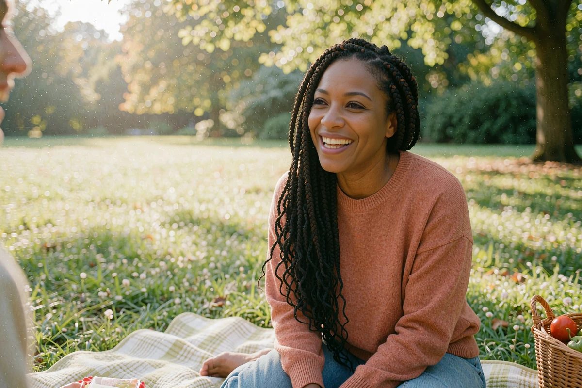 Woman with long box braids laughing on a checked picnic blanket in a sunny park, relaxed pace of serious dating