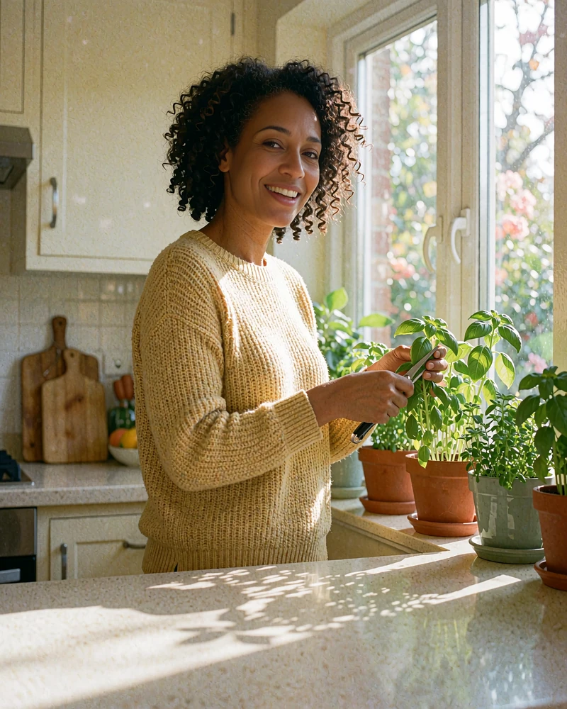 Woman with natural curls in a mustard sweater trimming basil in a sunny kitchen, sample card to meet singles who cook