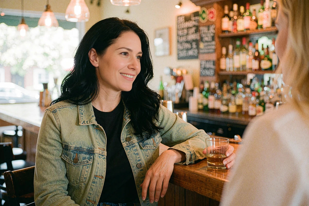 Woman in a denim jacket at a warm neighborhood bar counter smiling sideways, a relaxed first date drinks idea